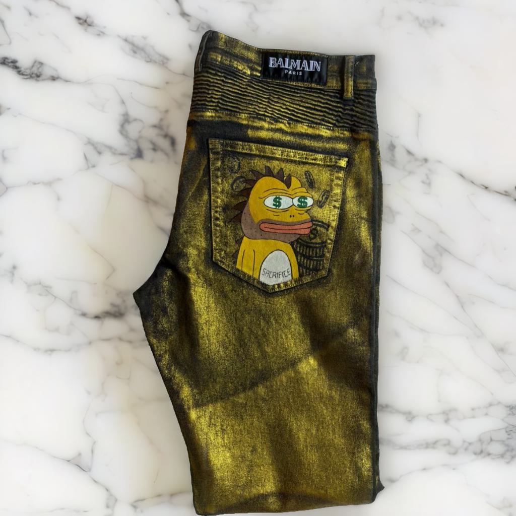 1 Of 1 Mens Gold Balmain Pino Inspired Hand Painted Jeans