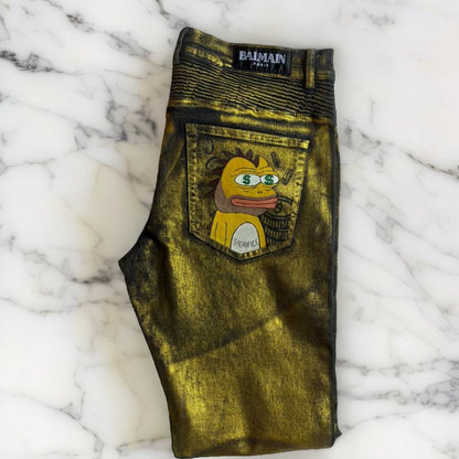 1 Of 1  Mens Gold Balmain Pino Inspired Hand Painted Jeans